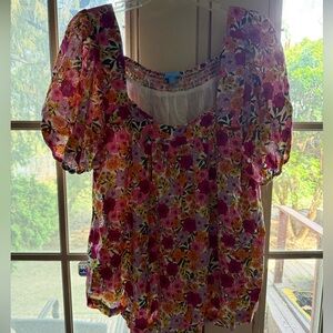 Draper James RSVP Floral Puff Sleeve Square Neck Top - Pink/Orange/White